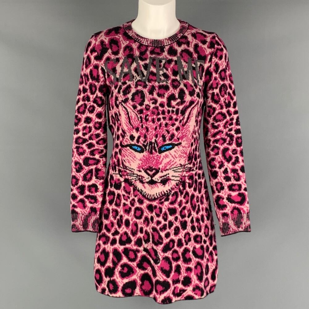 ALBERTA FERRETTI Size 4 Pink Black Virgin Wool Animal Print Long Sleeve Dress